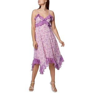 BCBGeneration Floral Print Ruffled Metallic Midi Dress Size Purple Y2K‎ Fairy